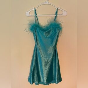 NWT Thirty Thirty Blue Aqua feather trim mini dress straps low open back small